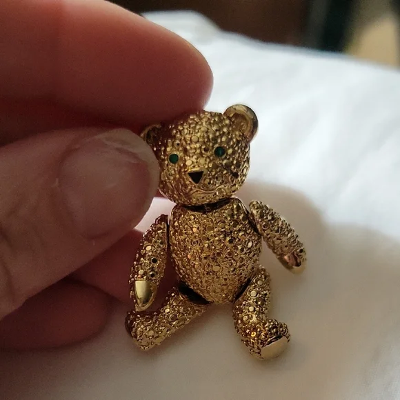Vintage Jointed Gold Teddy Bear Figurine with Emerald Rhinestone Eyes - Picture 6 of 6